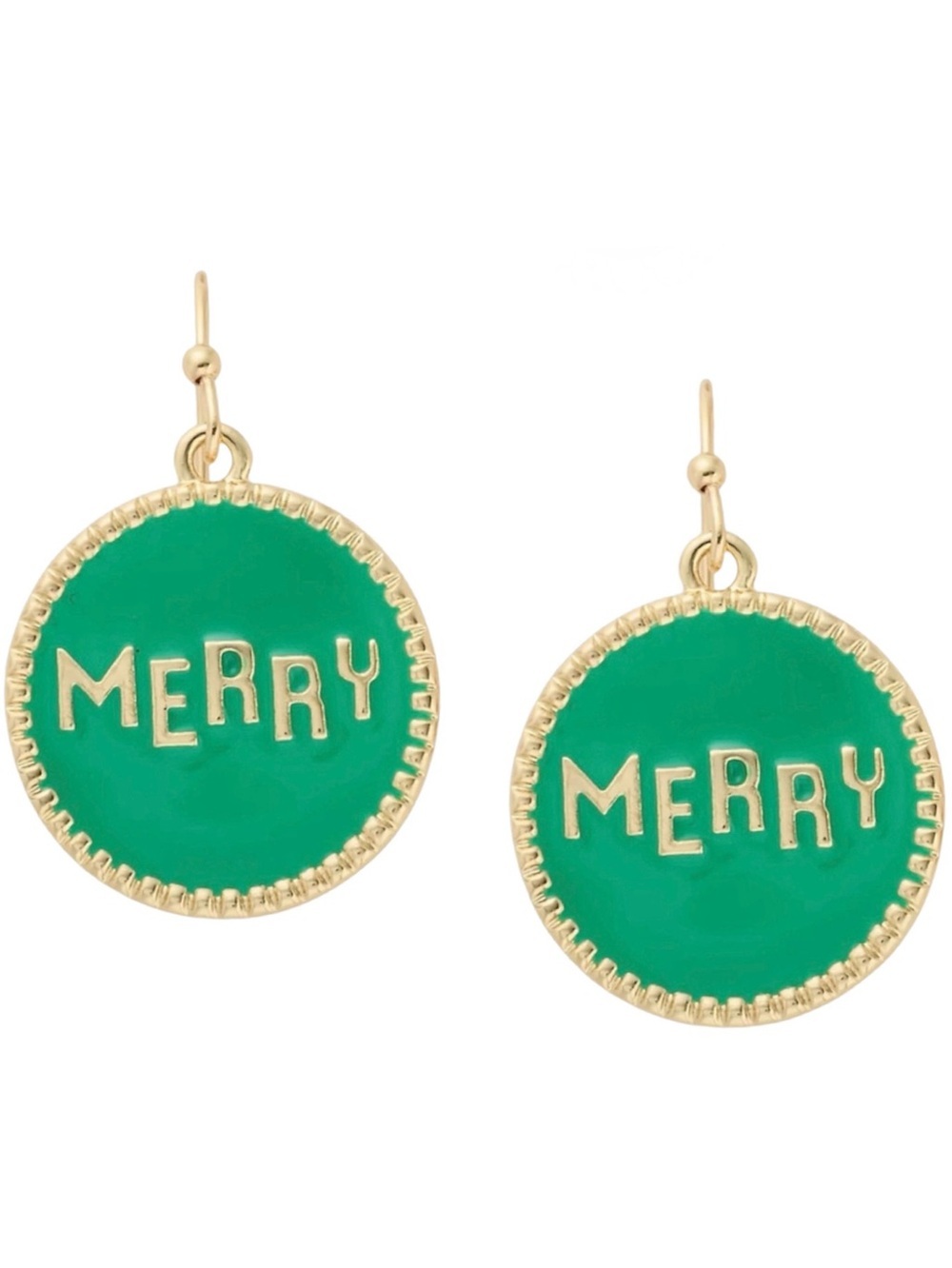 Holiday Lane Gold Tone and Green “Merry” Drop Earrings (NWT)